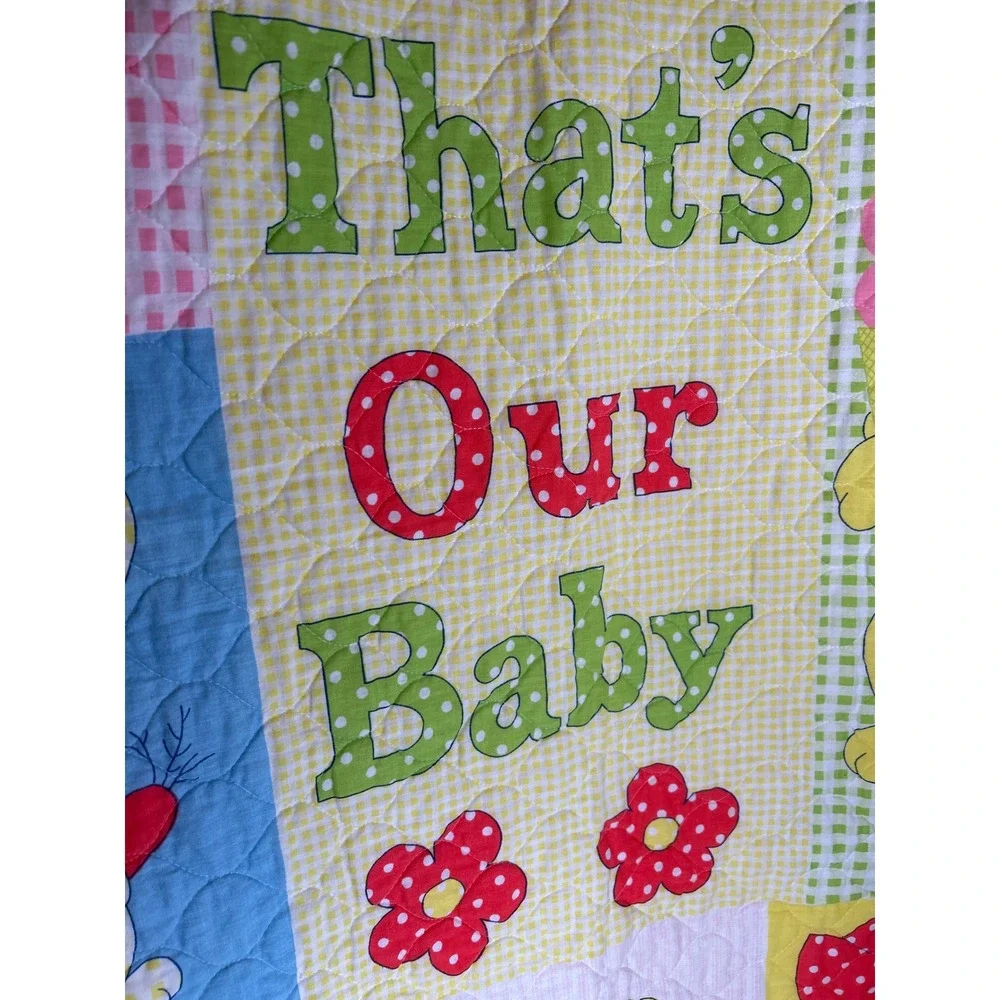 Baby Quilt Blanket That's Our Baby Teddy Bear‎ Bunny Ducks Train VINTAGE Yellow